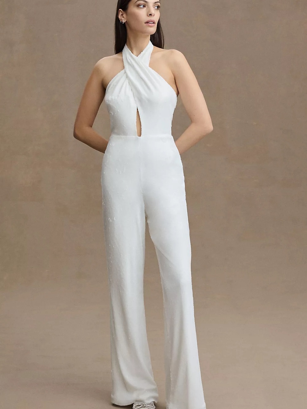 $545 NWT Halston “Danielle” Twist Halter Keyhole Jumpsuit in White Sz 4